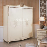 欧式全实木白色烤漆双门衣柜储物柜实木雕刻推拉滑移门衣柜可定制