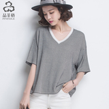 2016夏季新款韩版宽松竖条纹V领短袖T恤女冰丝大码女装显瘦上衣