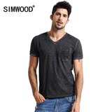 Simwood2016夏季新款男士贴口袋纯色t恤潮男个性V领纯棉短袖T恤男
