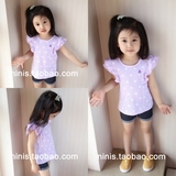 日本外贸原单女童装儿童圆领短袖飞袖花边条纹波点纯棉T恤打底衫