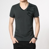 夏季男士v领短袖t恤韩版纯棉半袖T恤大码男装青少年印花体恤
