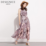 迪赛尼斯2016夏装女时尚印花连衣裙中长款高腰圆领无袖长裙新品