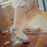 正品专柜日韩风包头女鞋夏季新款纯色日系一字扣带低跟凉鞋方跟女