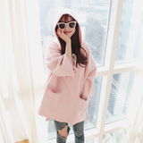 2016春季韩国东大门新款女装宽松中长款粉色卫衣大码连帽上衣外套