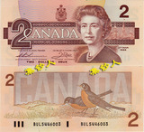 加拿大 2元 1986年 老版珍藏 女王 知更鸟 精美雕刻 外国纸币钱币