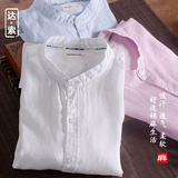 中国风春夏中式立领棉麻衬衫男修身小领纯亚麻衬衣男长袖麻布上衣