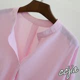 夏季薄款棉麻衬衫女宽松显瘦大码中袖粉色立领学院风韩版休闲衬衣