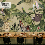 蕊西手绘热带雨林墙纸壁画定制东南亚绿色酒店餐厅客厅背景墙壁纸