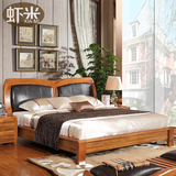 虾米家具 新中式软靠背床 实木橡木框架双人床 硬板床1.8米婚床