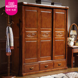 实木衣柜三门移门衣柜整体木质橡木推拉门大衣橱简约现代卧室家具