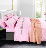 全棉绣花公主粉色四件套 清新简约被套床单床笠床上用品1.5m1.8