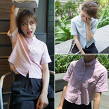 韩版2016夏季女装新款竖条纹短袖立领衬衫短款学院风中袖衬衣服潮