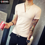 OBO2016夏装韩版男士小V领短袖t恤潮流青年纯白色体恤修身打底衫