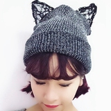 2016新款韩国潮牌时尚可爱蕾丝猫耳朵针织毛线帽女 特价包邮