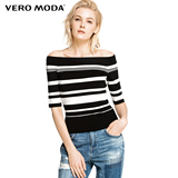 Vero Moda2016秋季新品一字领条纹修身超弹针织衫|316324507