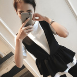 2016名媛新款 韩国韩版短袖T恤 百褶黑白拼色背心两件套装女装