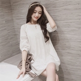 2016韩版宽松泡泡袖衬衣女夏 直筒上衣白色中长款镂空衬衫女韩国