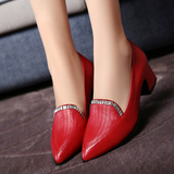 2015新款气质优雅红色小皮鞋尖头粗跟单鞋浅口中跟真皮秋季女鞋子