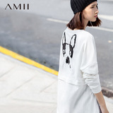 Amii春秋 卫衣女套头 长袖中长款假两件 棉质后动物图案外套