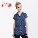 Veeko2016夏装新款 女式修身显瘦休闲波点中长款衬衫雪纺衫女夏潮