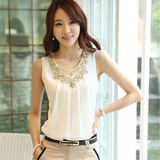韩国夏季新款无袖打底吊带背心时尚褶皱白色雪纺衫短袖衬衫女