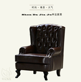 欧式古典 美式乡村单人老虎椅 高背拉扣复古油蜡皮头层沙发老虎椅