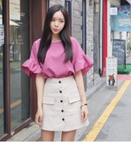 夏季女装韩国代购22xx时尚宽松粉色荷叶喇叭五分袖中袖雪纺衬衫