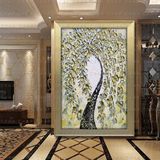 幸福发财树油画纯手绘抽象客厅走廊玄关画竖版单幅有框装饰画黑白