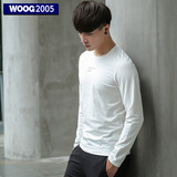 WOOG2005韩版男装简约T恤 字母长袖T恤男 秋季 白色圆领打底衫男
