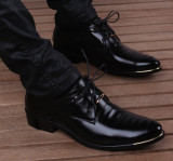 正品韩版男士尖头皮鞋6cm商务休闲正装日常黑色系带结婚真皮男鞋