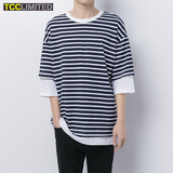 TCC2016夏季新款韩版假两件宽松七分袖条纹T恤男 圆领百搭潮短袖