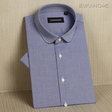 艾梵之家夏季商务短袖衬衫男韩版修身小领男士蓝色圆领人字纹衬衣
