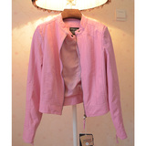 韩国订单甜美百搭粉色皮衣女短款立领修身显瘦春秋大码机车PU外套