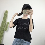 实拍2016夏装新款韩版休闲中长款蕾丝打底衫假两件短袖字母女T恤