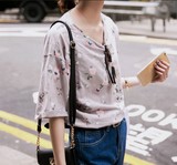 韩国2016夏季新款花朵T上衣非常显瘦小清新韩版T恤女夏装短袖花T