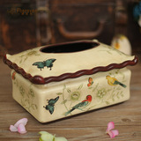 新品 美式乡村花鸟纸巾盒摆件 精致家居客厅陶瓷装饰品抽纸盒摆设