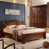新中式 红木色仿古雕花高档卧室双人全实木高箱床橡木一米八大床