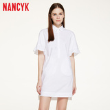 Nancyk夏季新品直筒中长款时尚个性印花短袖翻领衬衫白色连衣裙
