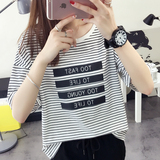 2016韩版女装夏装新款宽松短袖圆领条纹t恤女字母上衣打底衫体恤