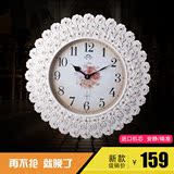 静音欧式钟表 挂钟 客厅简约时尚创意玫瑰白色花卉石英钟挂表时钟