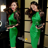 秋装新款韩版女装性感透视蕾丝挂脖镂空长袖礼服连衣裙
