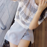 2016夏季韩版短袖条纹镂空针织上衣开叉短裙裤时尚套装女两件套潮