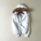 2015冬季新款琪琪外贸女装 连帽毛领多口袋纯色短款休闲棉衣外套