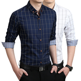 2016新款中年薄款男士纯棉衬衫韩版修身商务休闲格子大码长袖衬衣