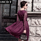 18cdy2016春装新款女 欧洲站长袖圆领气质修身优雅纯色蕾丝连衣裙