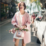 实拍2015冬季新品女装简约圆领粉色羊毛呢大衣代理价P148