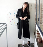 Cherrykoko春款女装韩国正品代购气质长款双排扣黑色风衣外套大衣