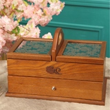 实木十字绣手提便携针线盒日本大号木质 实用针线收纳盒整理盒
