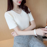 2016夏季新款 韩版女装短袖宽松套头纯色白色黑色粉红色毛针织衫