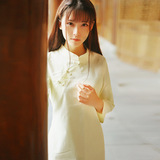 中国风旗袍改良 日常民国连衣裙 纯色修身七分袖棉斜襟低开衩滚边